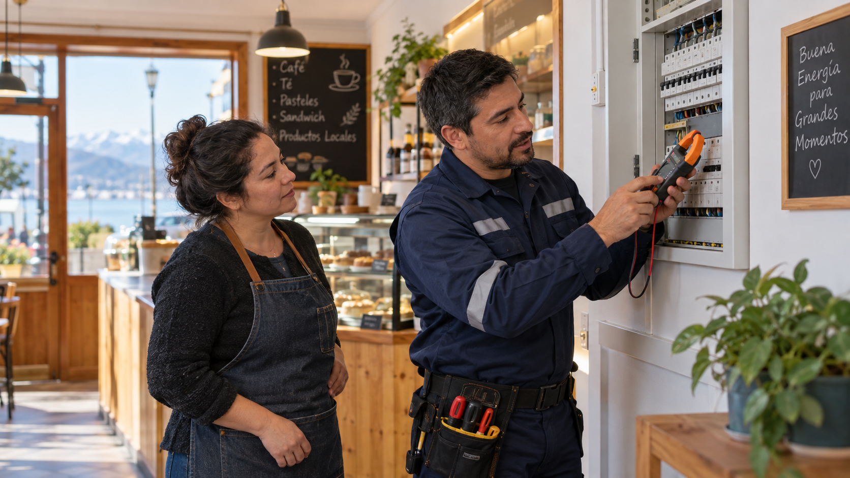 Técnico explicando una revisión eléctrica a la propietaria de un comercio